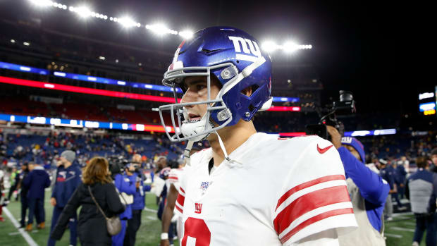 Oct 10, 2019; Foxborough, MA, USA; New York Giants quarterback Daniel Jones (8) walks off of the field after a loss to the New England Patriots. during the second half at Gillette Stadium.